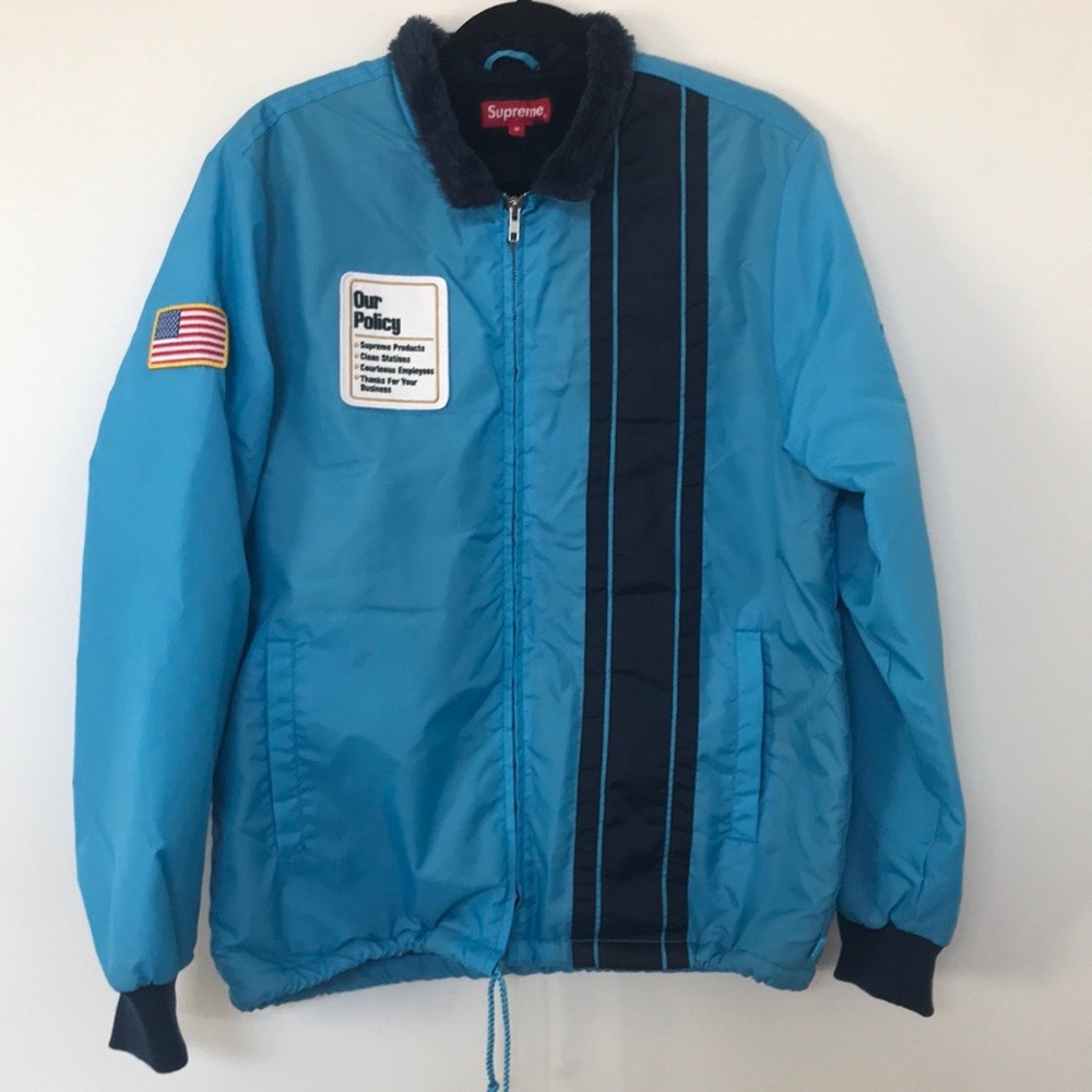 Teal pit stop jacket with faux fur lining
